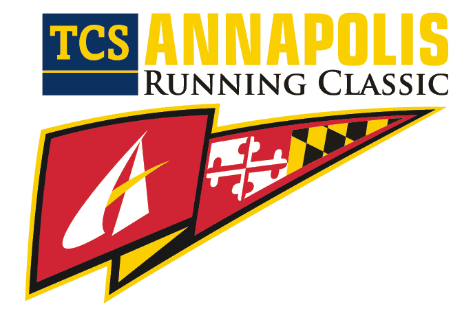 Logo for the TCS Annapolis Running Classic featuring bold yellow, red, and black colors. A stylized sailboat icon and a Maryland flag design are incorporated into a triangular shape. The text reads "TCS Annapolis Running Classic.