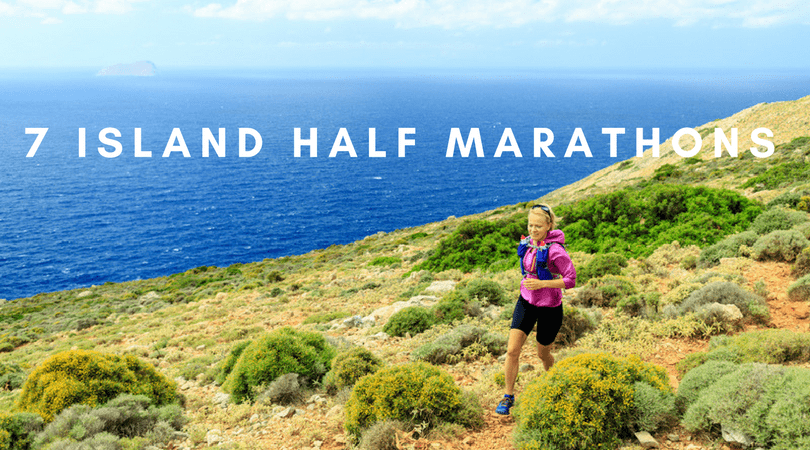 A person is running on a rocky, shrub-covered trail by the sea, with a distant island visible on the horizon. The text "7 ISLAND HALF MARATHONS" is overlaid on the image. The scene is bright and sunny.