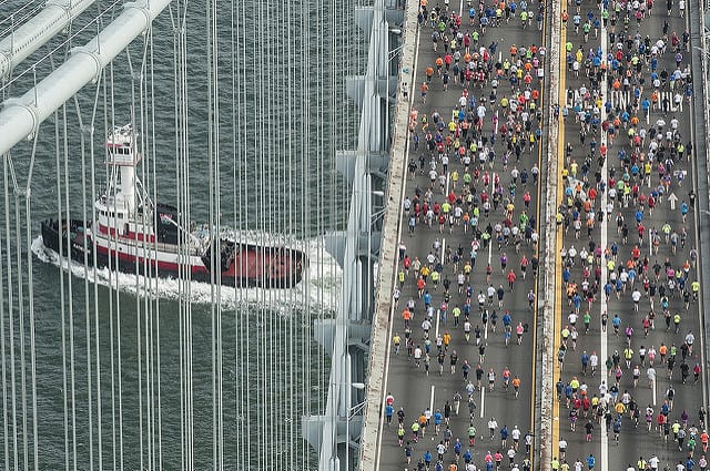 The first mile of the New York City Marathon over the Verrazano Narrows Bridge. (Photo by MTA/flickr)