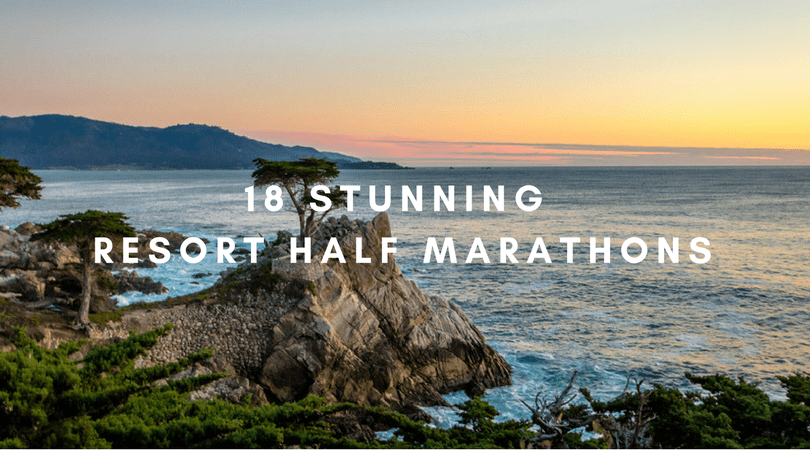 A scenic coastal view features a rugged shoreline with rocky cliffs and lush greenery at sunset. Overlaid text reads: "18 Stunning Resort Half Marathons.