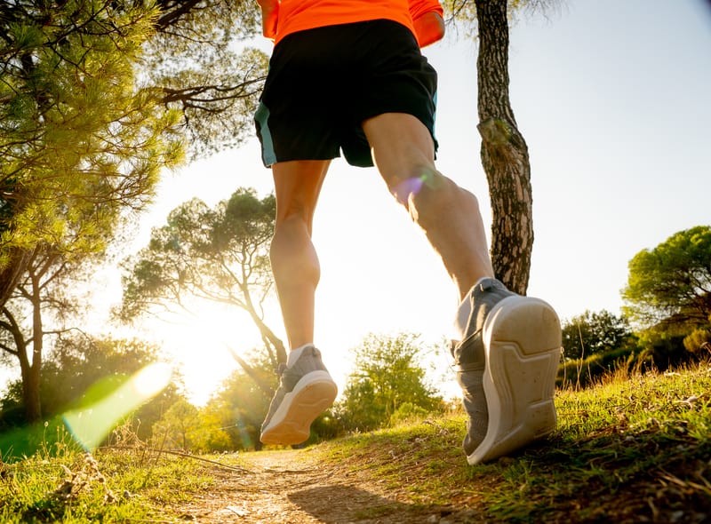 Low-angle view of a person jogging on a forest trail. The individual is wearing an orange top, black shorts, and white running shoes. Sunlight filters through the trees, creating a bright and vibrant atmosphere. The path is surrounded by greenery.