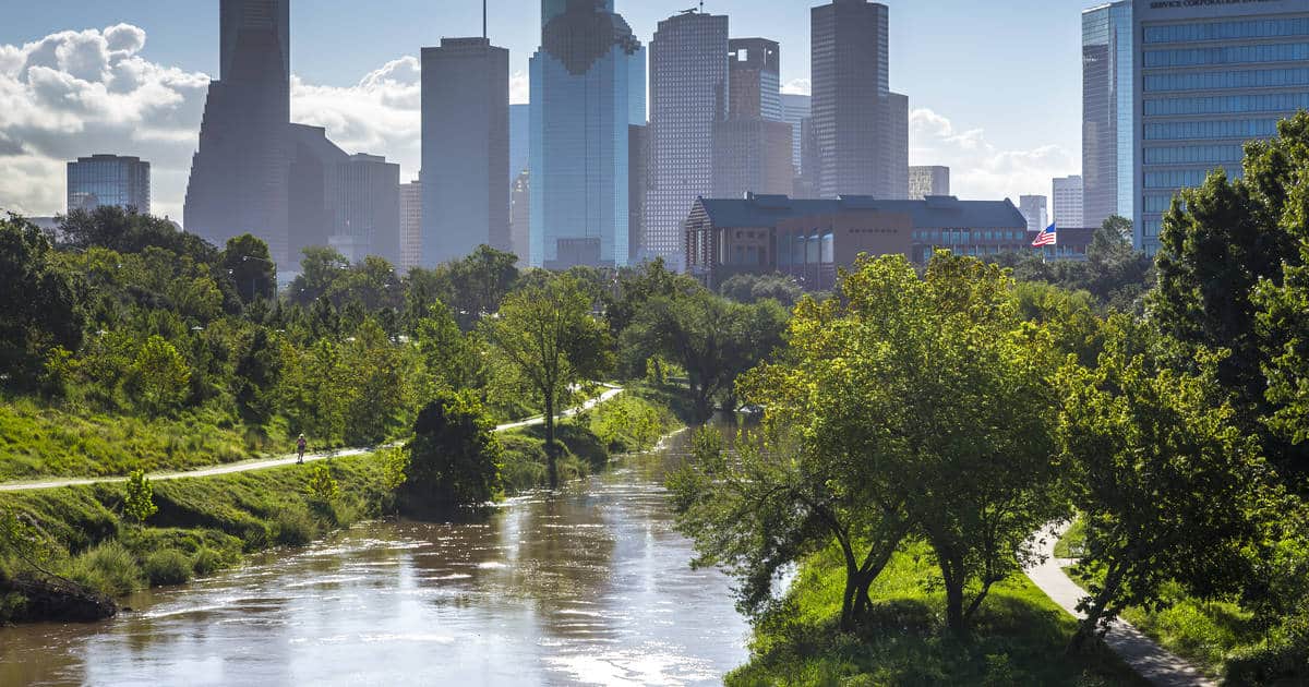 A city skyline featuring tall buildings, with a river running through a green park in the foreground. Trees line the walkway along the river, perfect for enjoying one of Houston's Half Marathons. The bright sunlight casts shadows, giving a lively, serene impression of an urban area blended with nature.