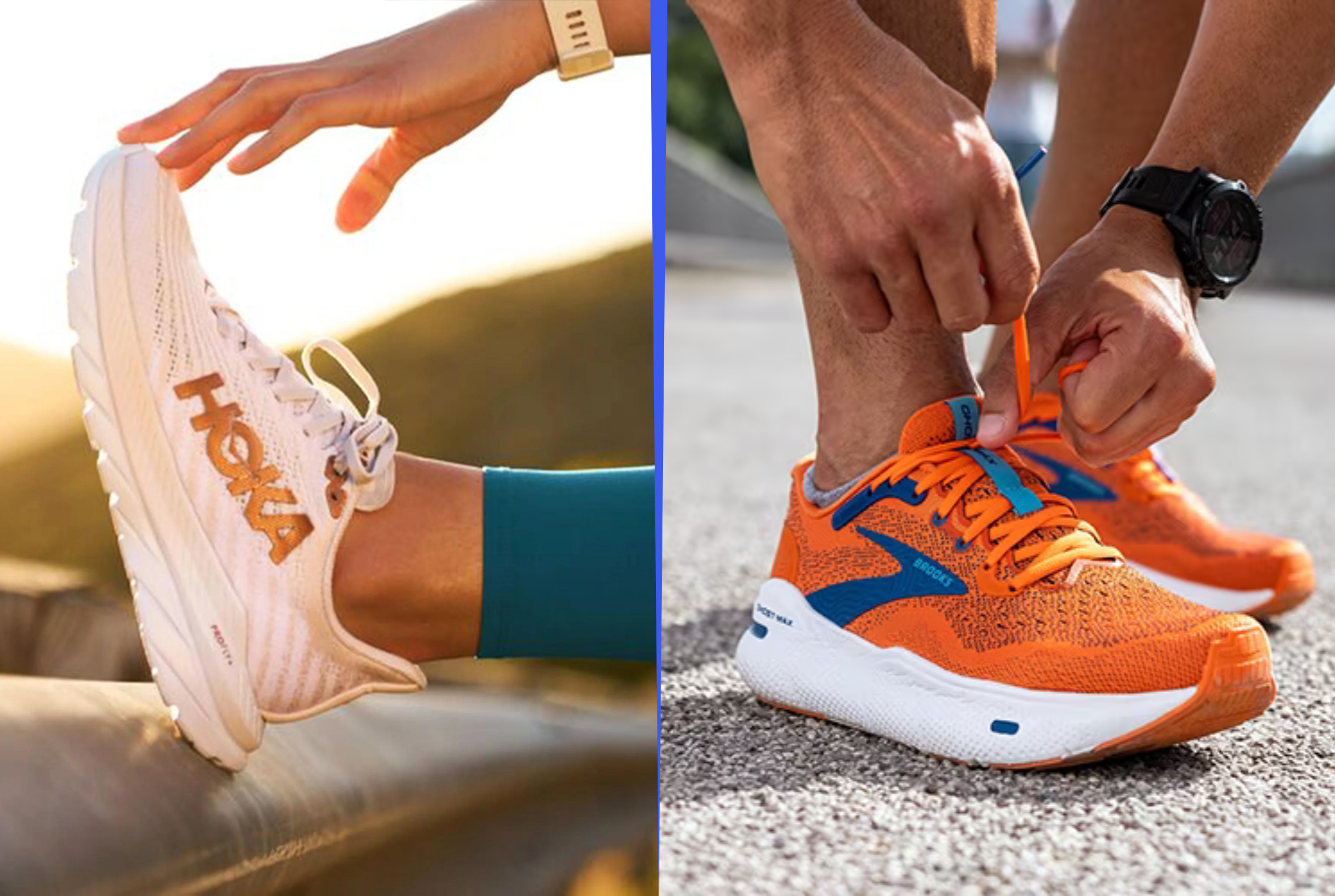 A pair of Hoka running shoes vs. Brooks running shoes, compared side by side