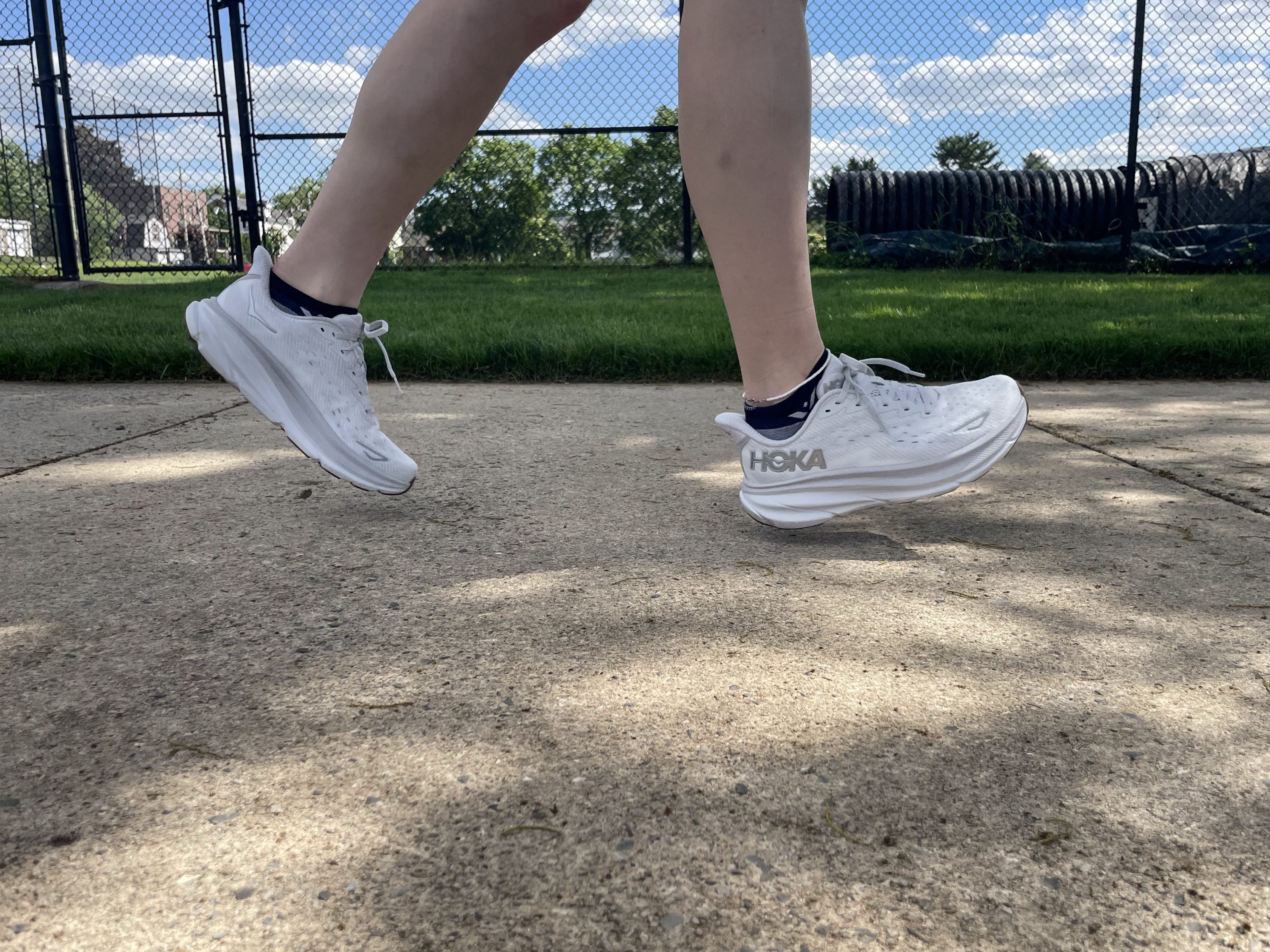 Writer Gabrielle Hondorp walking in the Hoka Clifton 9 running shoes during testing.