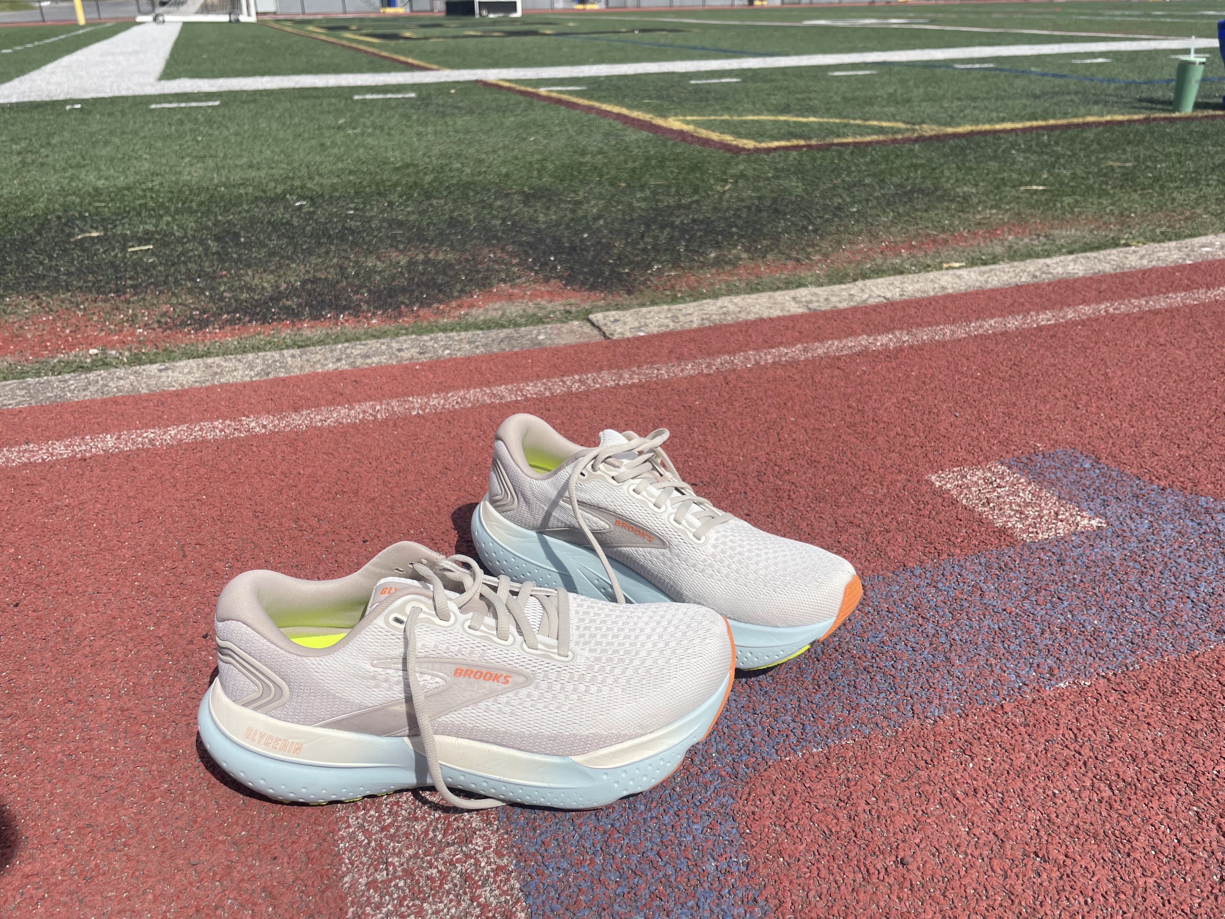 The Glycerin 21 running shoes during testing, sitting on a track