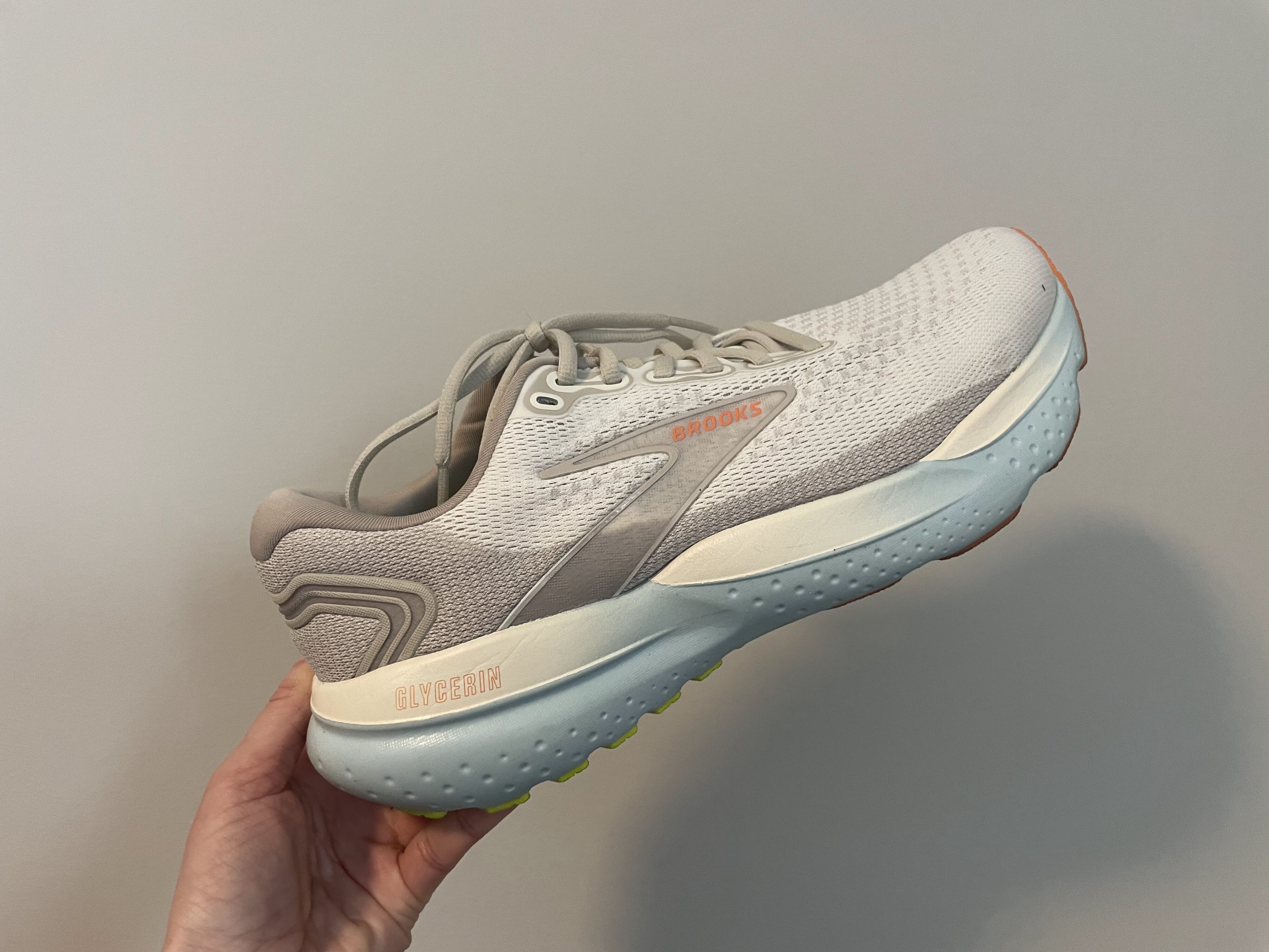 Side view of the Brooks Glycerin 21 running shoes after testing.